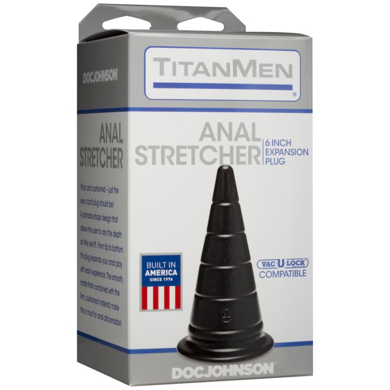 Doc Johnson TitanMen six-inch Anal Stretcher retail box showing Vac-U-Lock compatibility