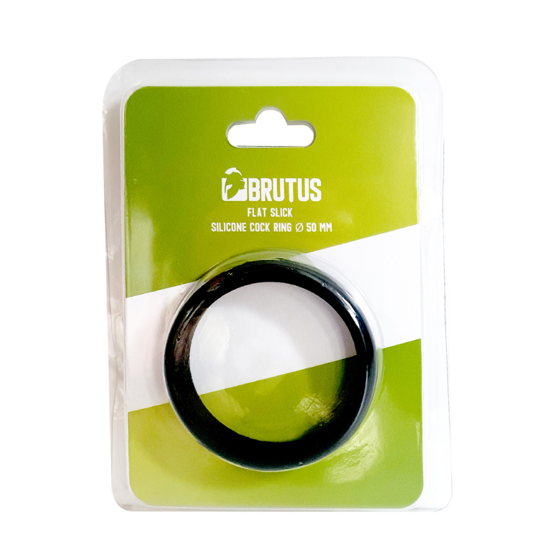 Brutus Flat Slick silicone cock ring in green and white packaging labelled 50mm