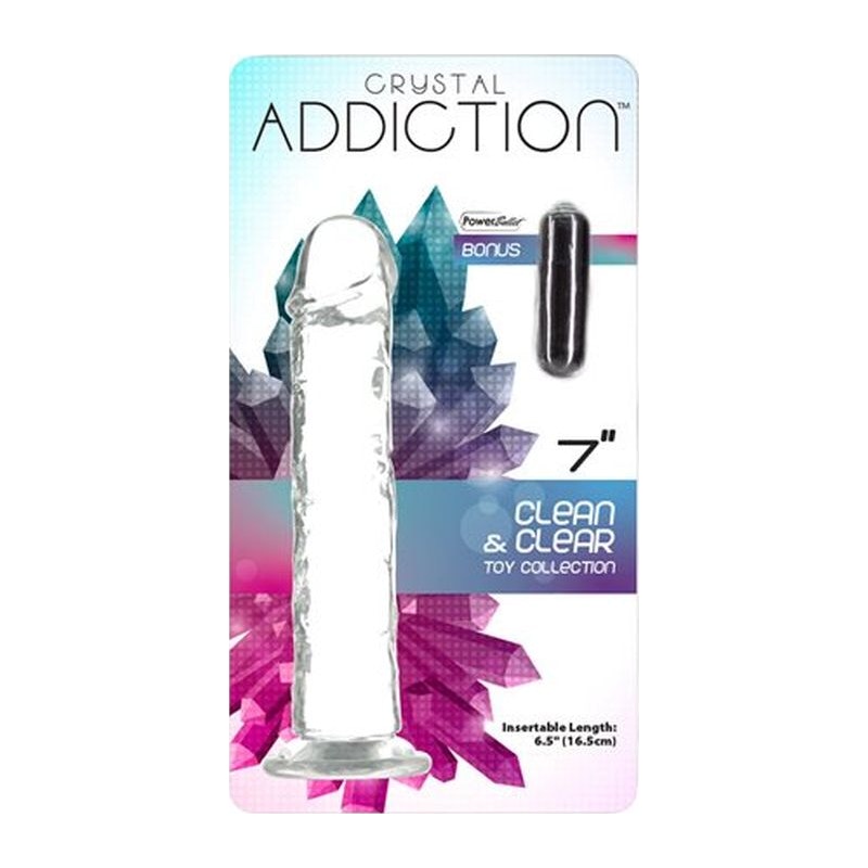 Crystal Addiction 7 inch Vertical Clear Dong - With Bonus PowerBullet