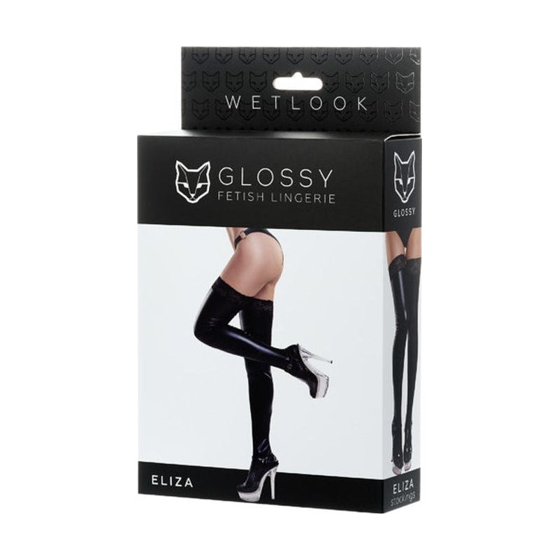 Glossy Wetlook Stockings w Lace Insert Eliza Small Black