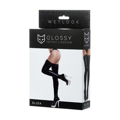 Glossy Wetlook Stockings w Lace Insert Eliza Large Black