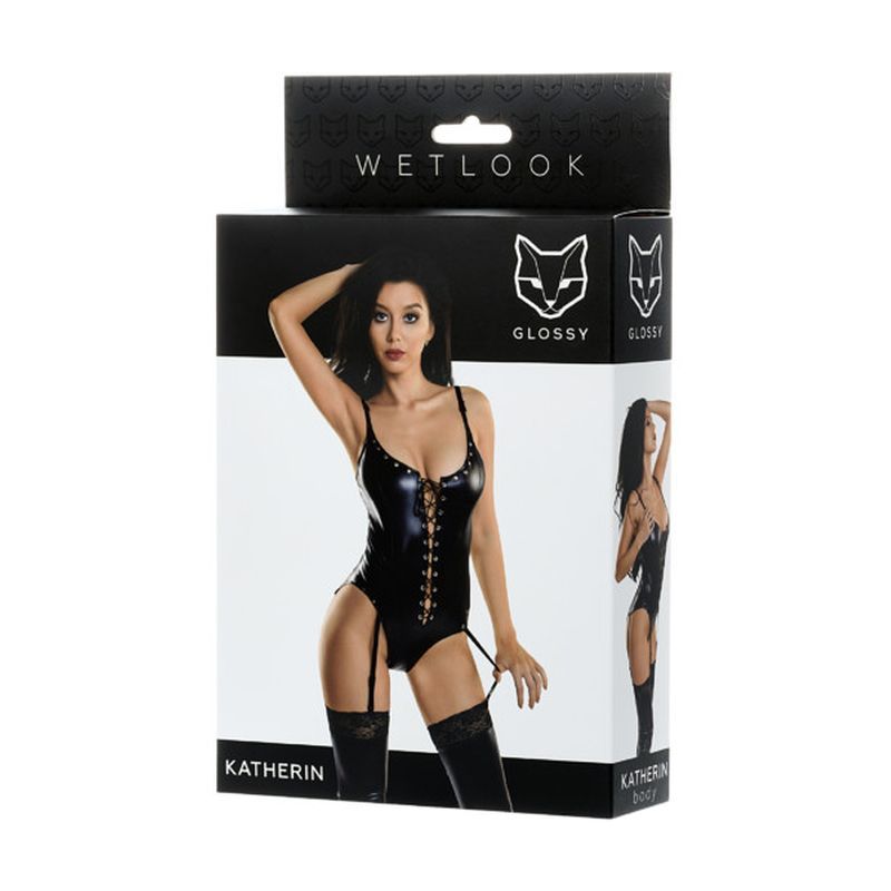 Glossy Wetlook Lace Up Bodysuit Katherin Small Black