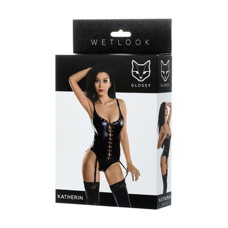 Glossy Katherin Wetlook Lace-Up Bodysuit – Rivets, Laces & Suspenders