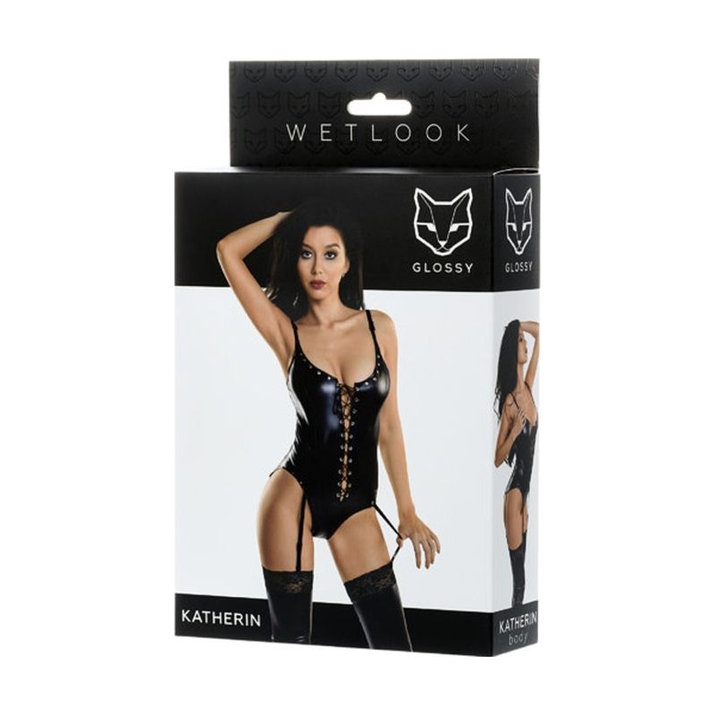 Glossy Wetlook Lace Up Bodysuit Katherin Medium Black