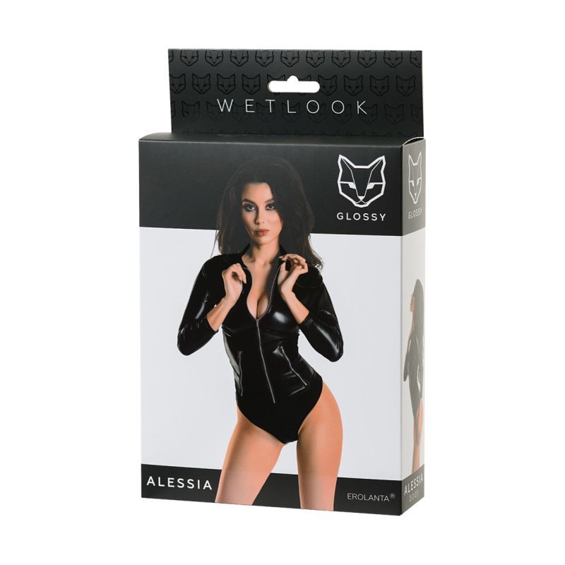 Glossy Wetlook Bodysuit w Zip Alessia Small Black