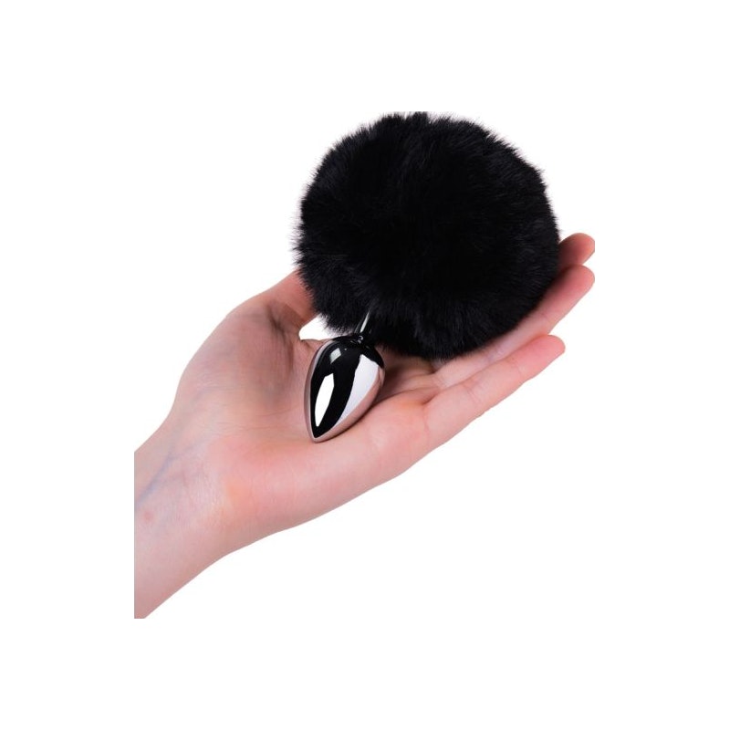 Silver Metal Butt Plug Small with Faux Fur Black Tail