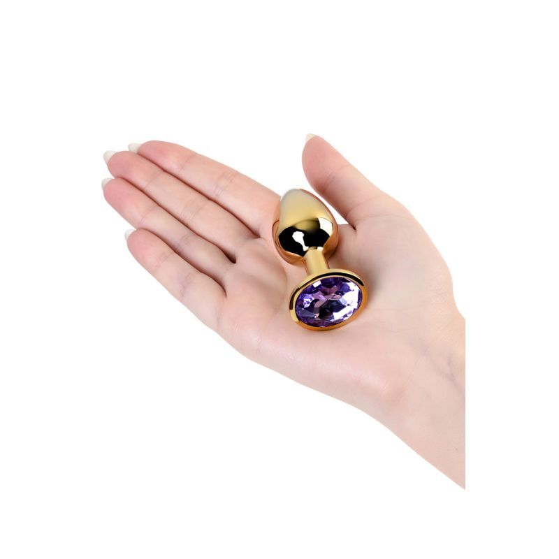 Gold Metal Anal Plug w Amethyst Crystal Small Gold