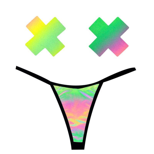 Rainbow Reflective G-String and X Pastie Set One Size Black