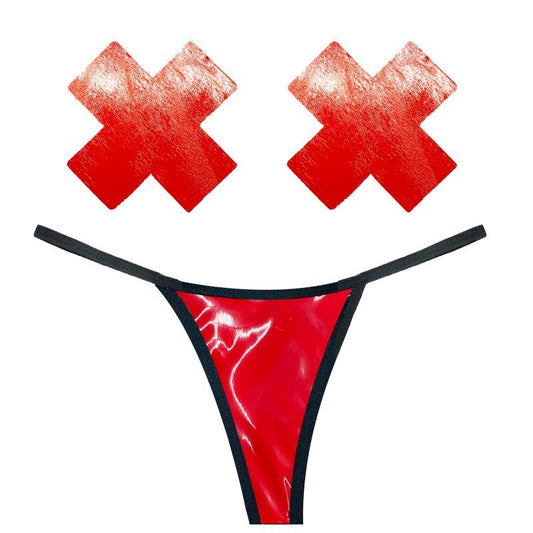 Vixen Red Wet Vinyl Pastie and G-String Set One Size