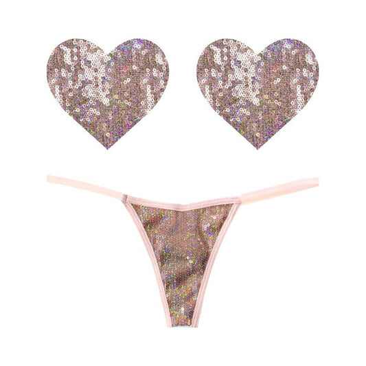 Bubbly Feels Nude Sequin Pantie and Heart Pastie Set One Size