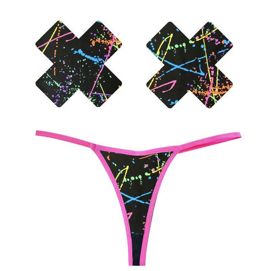 Graffiti Neon G-String and X Pastie Set One Size Black