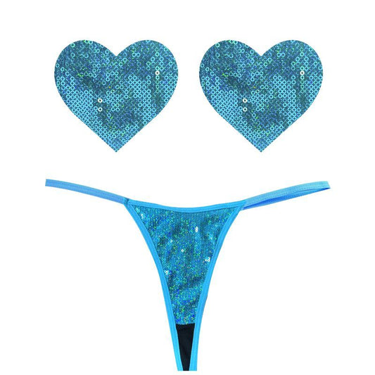 Mahi Mahi Blue Sequin G-String and Heart Pastie Set One Size Blue