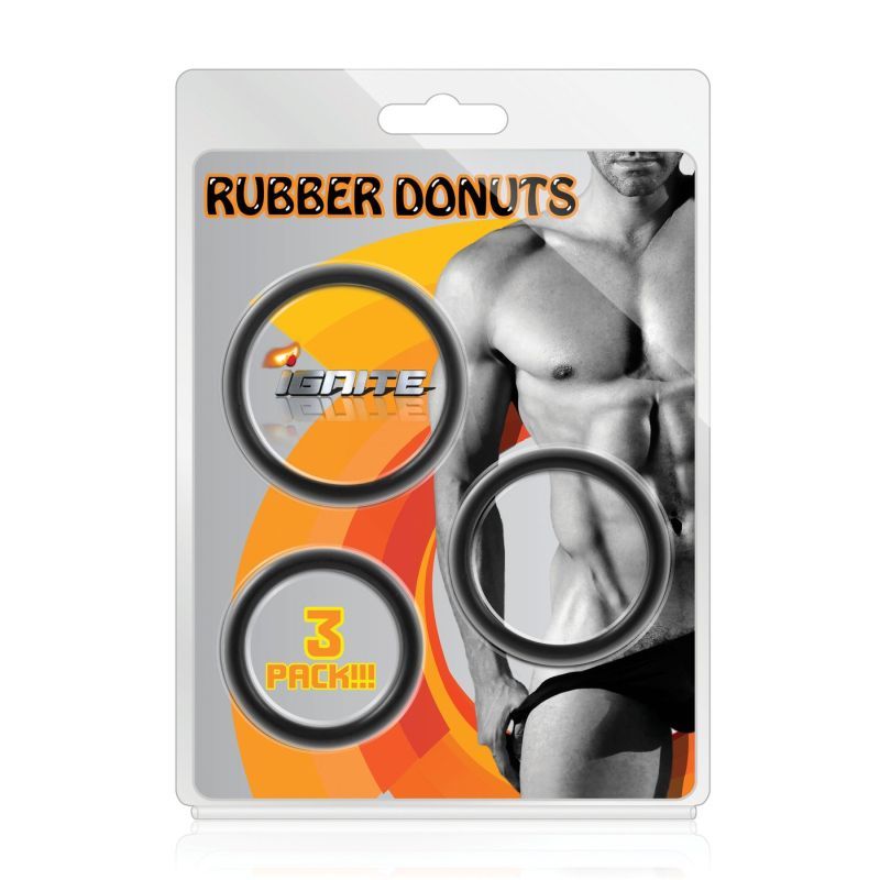 Ignite Rubber Donuts 3 Piece Cock Ring Set in orange and grey retail packaging, showing three black rounded rings