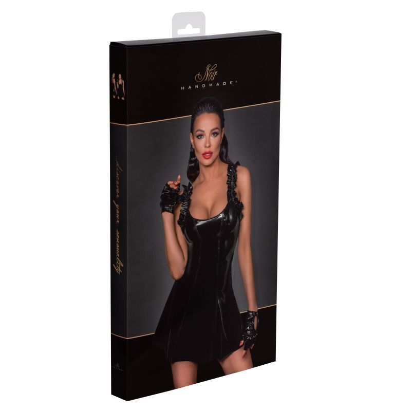 Short PVC dress w Frilled Shoulder Straps Small Black