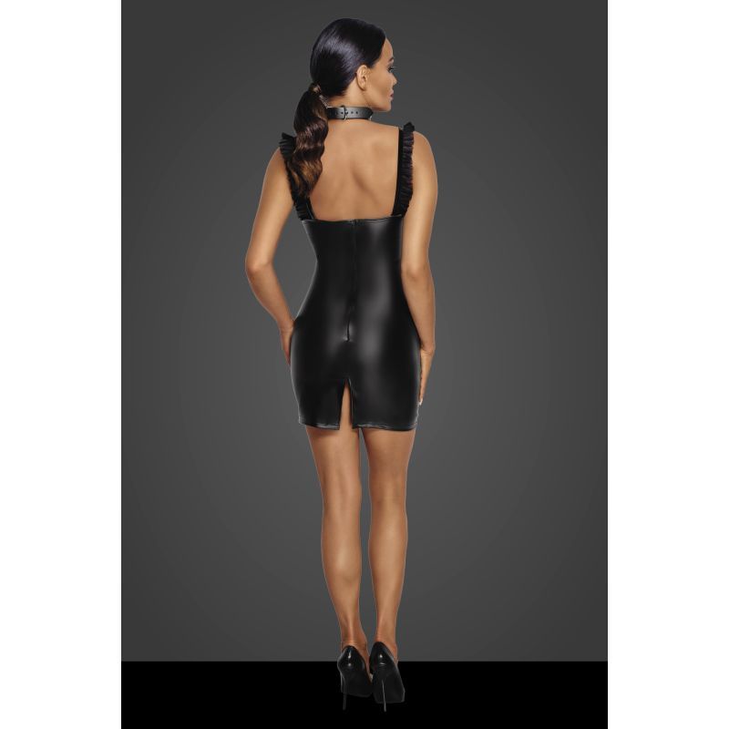 Power Wetlook Short Dress w Front Tulle Inserts Large Black