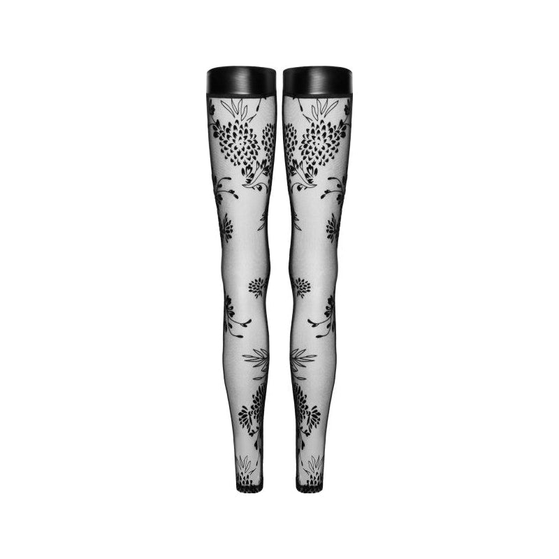 Tulle Stockings w Patterned Flock Embroidery & Power Wetlook Band Small Black