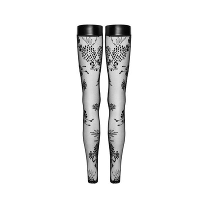 Tulle Stockings w Patterned Flock Embroidery & Power Wetlook Band Small Black