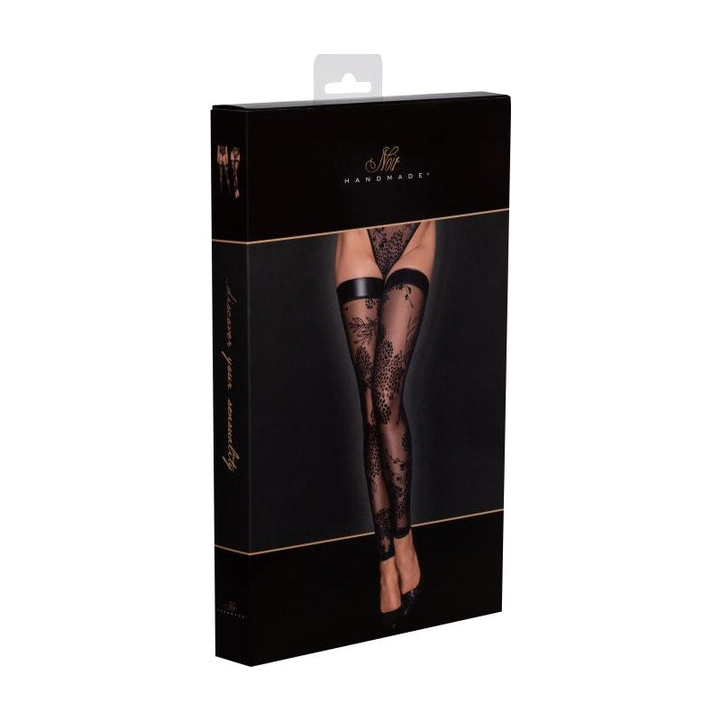 Tulle Stockings w Patterned Flock Embroidery & Power Wetlook Band Small Black