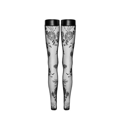 Tulle Stockings w Patterned Flock Embroidery & Power Wetlook Band Medium Black