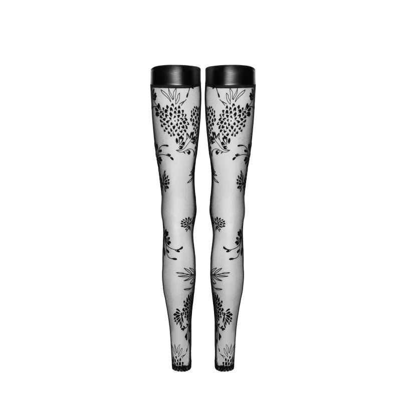 Tulle Stockings w Patterned Flock Embroidery & Power Wetlook Band Large Black