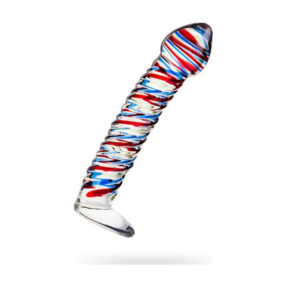 Sexus Glass Dildo Stripes w Base Blue/Red 16cm Clear