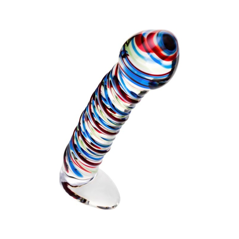 Sexus Glass Dildo Stripes w Base Blue/Red 16cm Clear