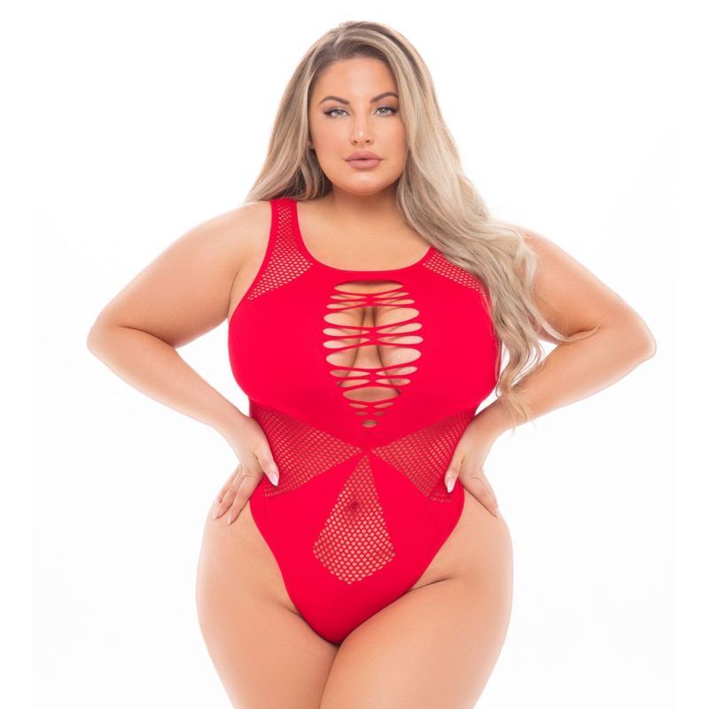 Pink Lipstick Duchess red high neck bodysuit with strappy front and mesh panels