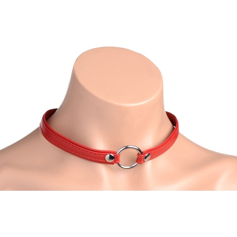 Fiery Red Pet Leather Choker with Silver Ring