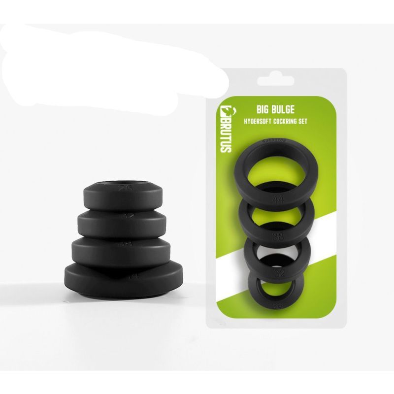 Brutus Big Bulge four-ring silicone set stacked beside its green and white retail packaging