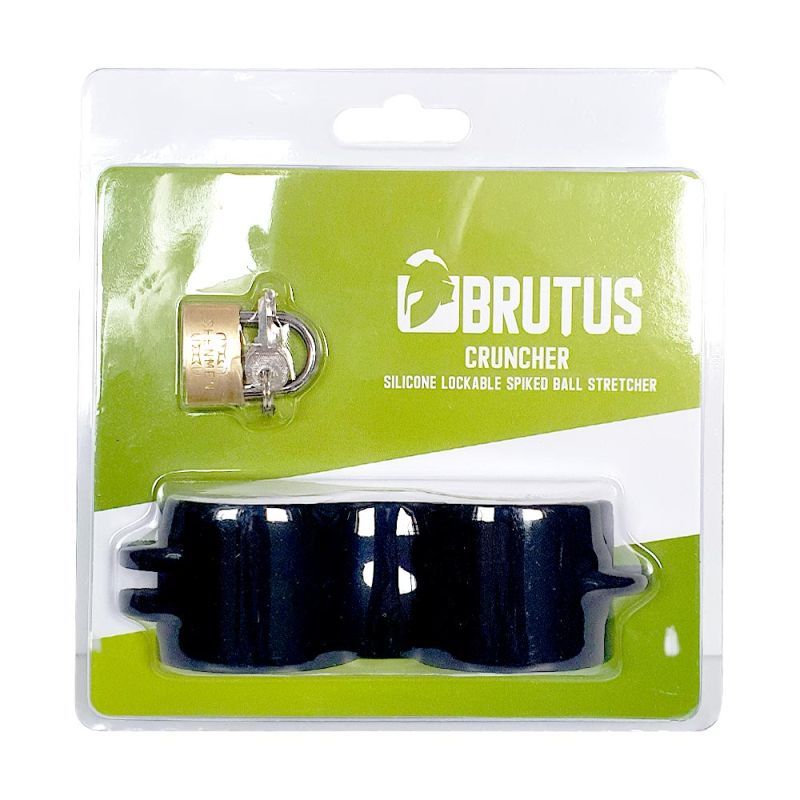 Brutus Cruncher silicone ball stretcher in retail packaging with padlock and keys