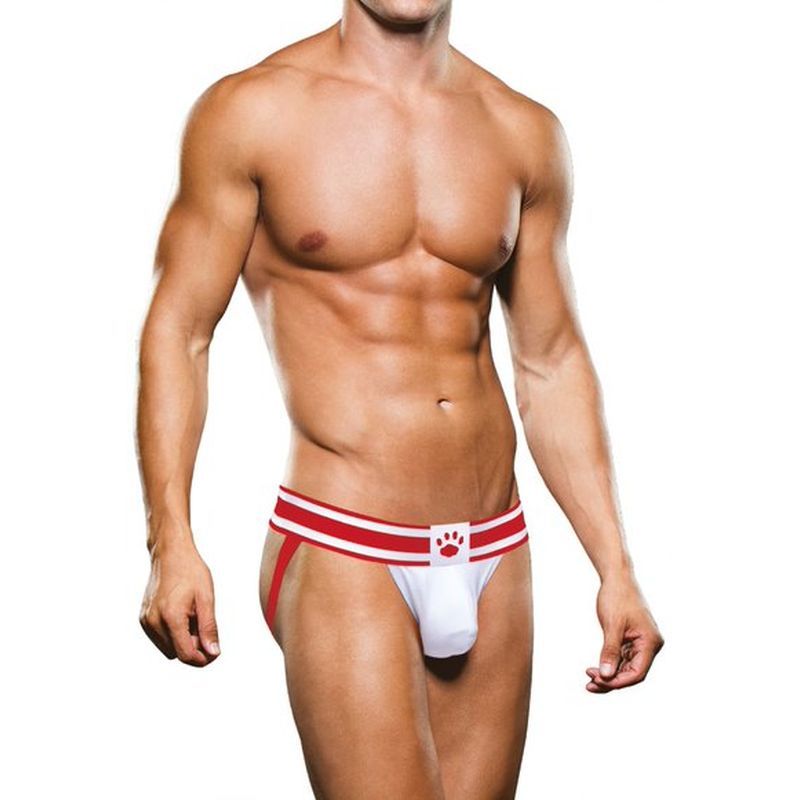 Prowler white and red jockstrap, white pouch and red striped waistband, front view