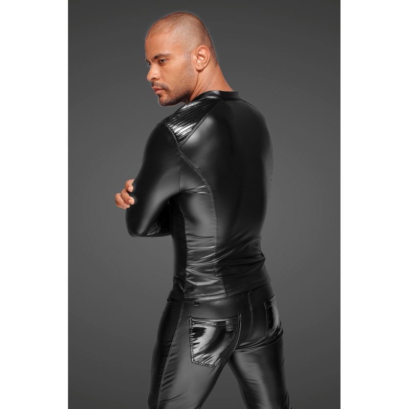 Power Wetlook Mens Jacket w Pleated PVC Epaulets Medium Black