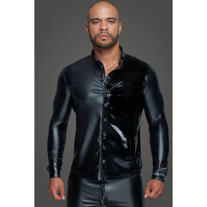 Powerwetlook PVC Long Sleeved Shirt w Button Placket Medium Black