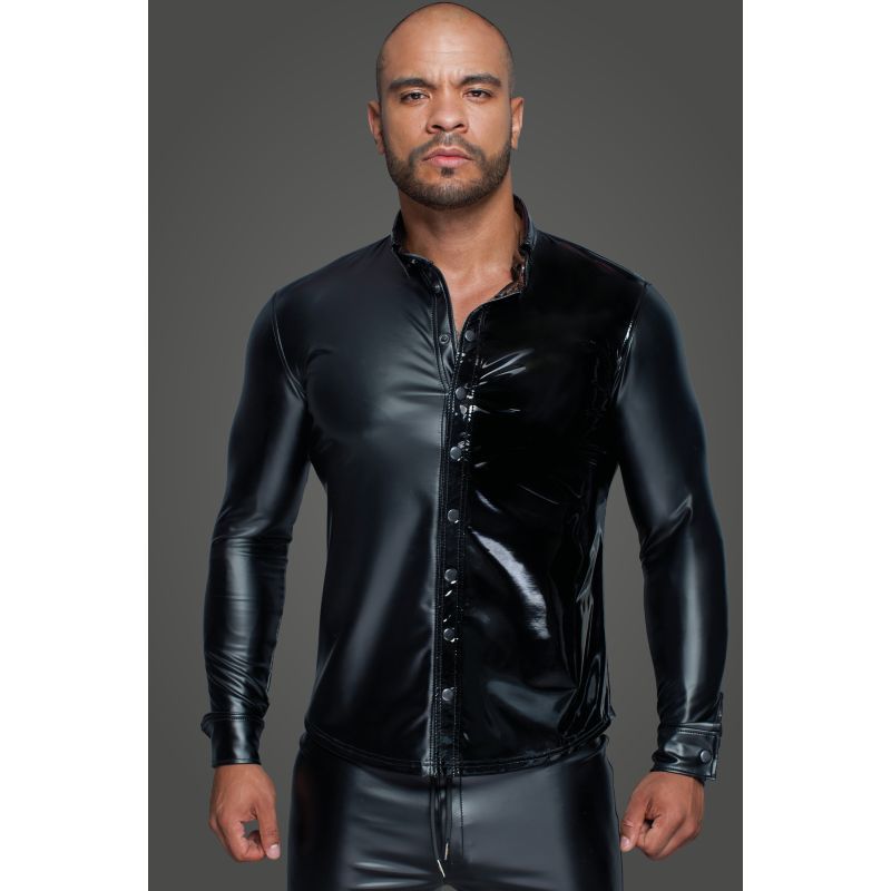 Powerwetlook PVC Long Sleeved Shirt w Button Placket Large Black