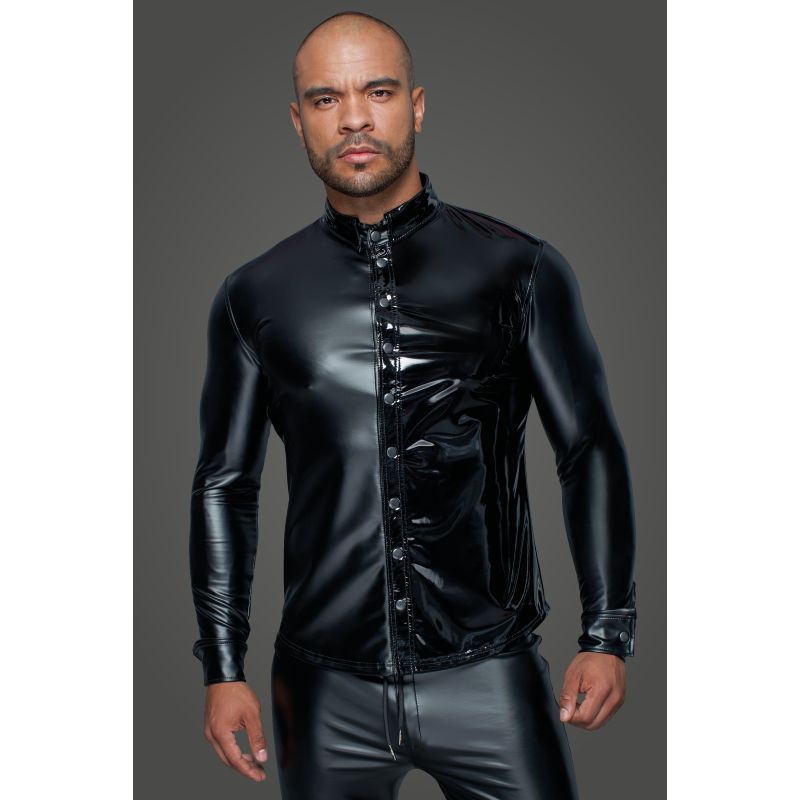 Powerwetlook PVC Long Sleeved Shirt w Button Placket Large Black