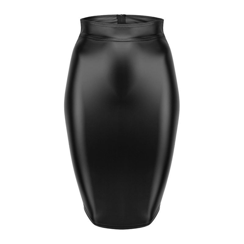 Power Wetlook Pencil Skirt w Long Zipper 2X Black