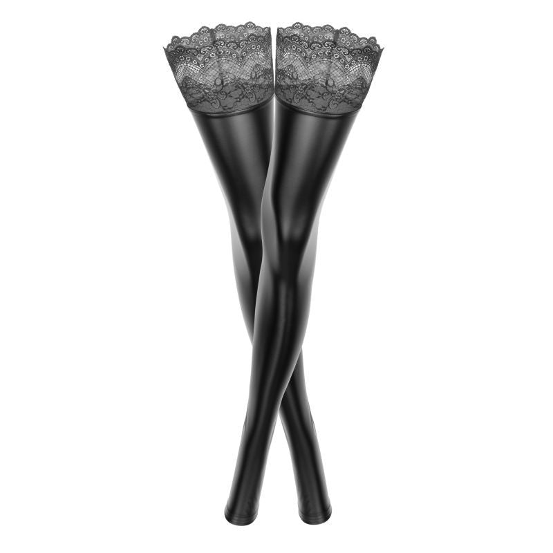 Power Wetlook Stockings w Siliconed Lace 2X Black