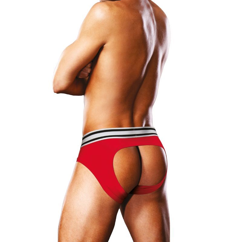 Rear view of the Prowler red brief showing the open back and striped waistband