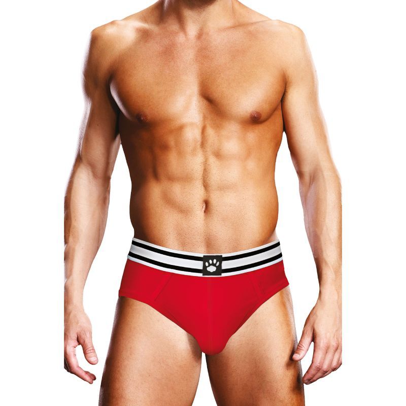 Front of the Prowler red open-back brief with white-and-black striped waistband and paw logo