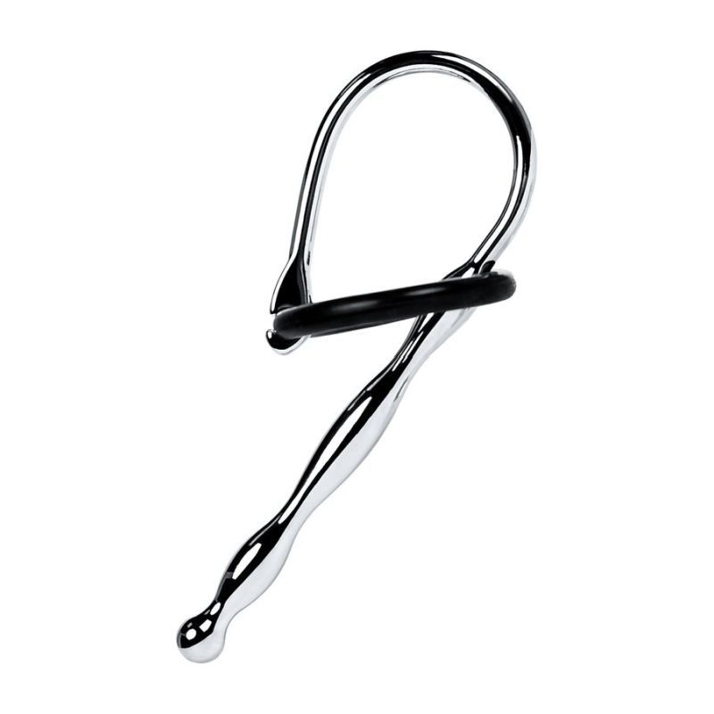 Silver Metal Urethral Plug w Black Silicone Ring Silver