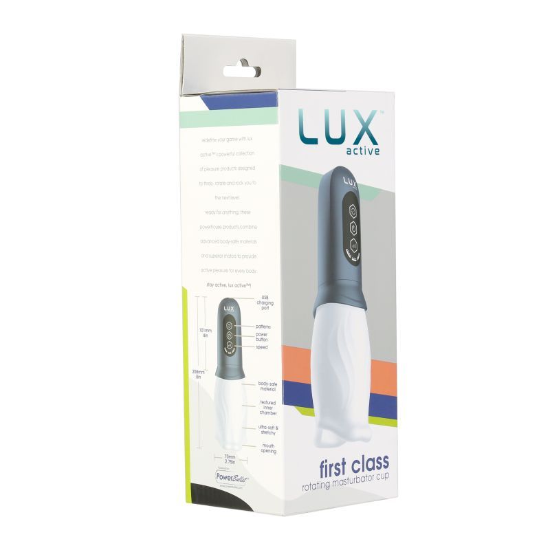 LUX Active First Class rotating masturbator retail box showing the product and side panel