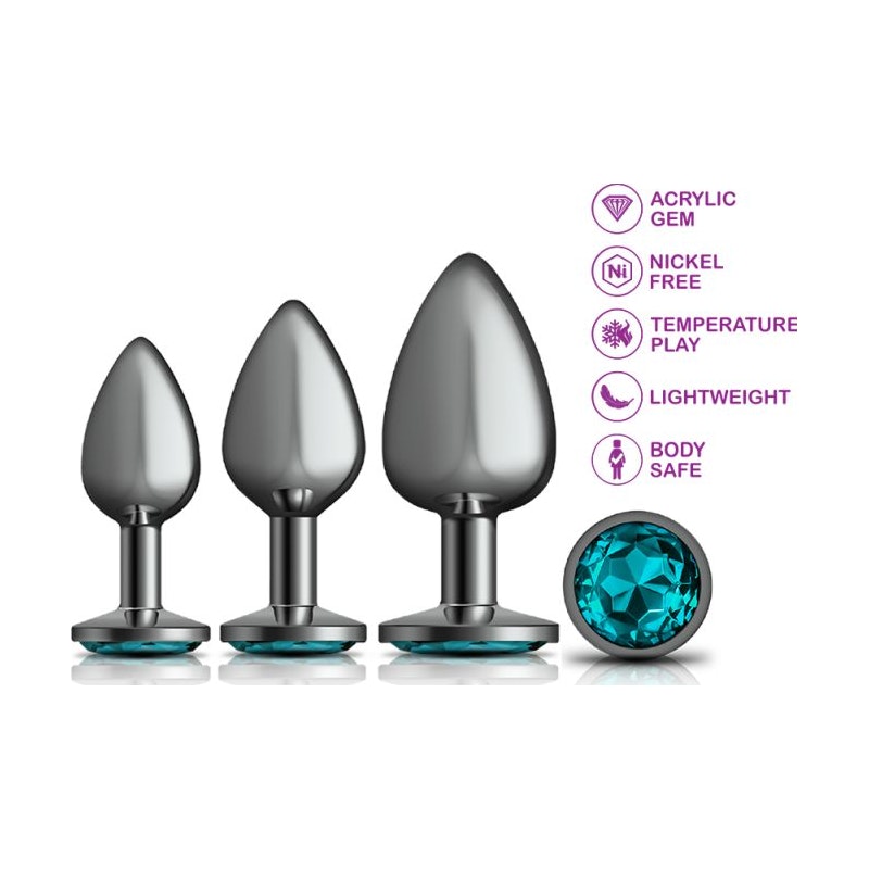 Cheeky Charms Metal Butt Plug 3 Piece Kit with Teal Jewel