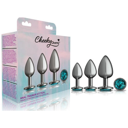 Cheeky Charms Metal Butt Plug 3 Piece Kit with Teal Jewel