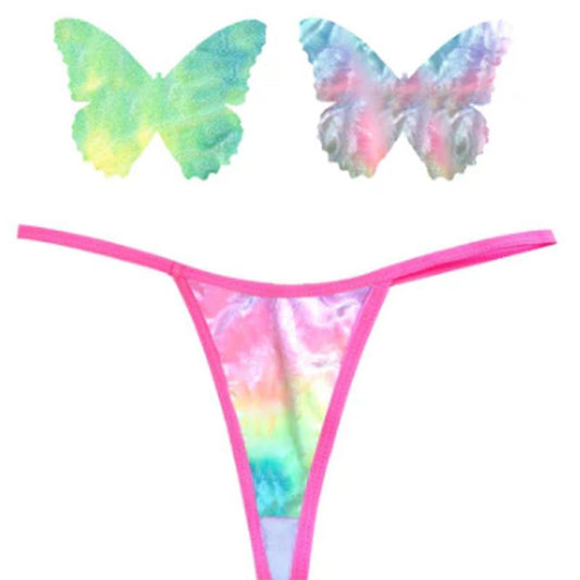 Rainbow Sherbet Tie Die Butterfly Pastie and Panty Set Mixed