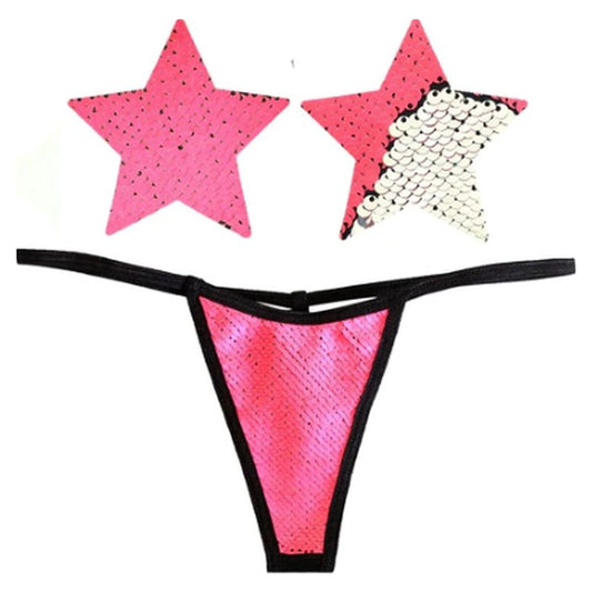 Bitchin Pink and Silver Blacklight Sequin Pastie and Panty Set