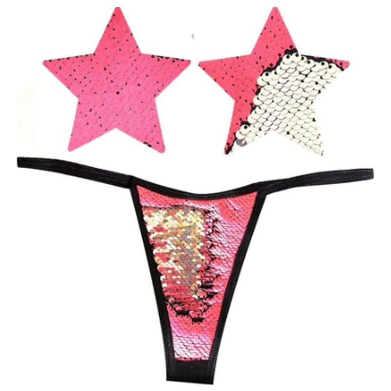 Bitchin Pink and Silver Blacklight Sequin Pastie and Panty Set