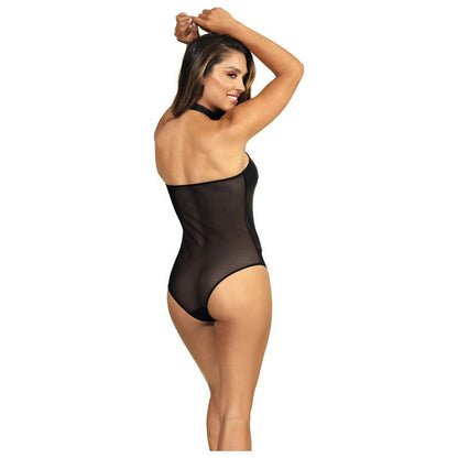 Stretch Wetlook Mesh Panel Bodysuit Black Large