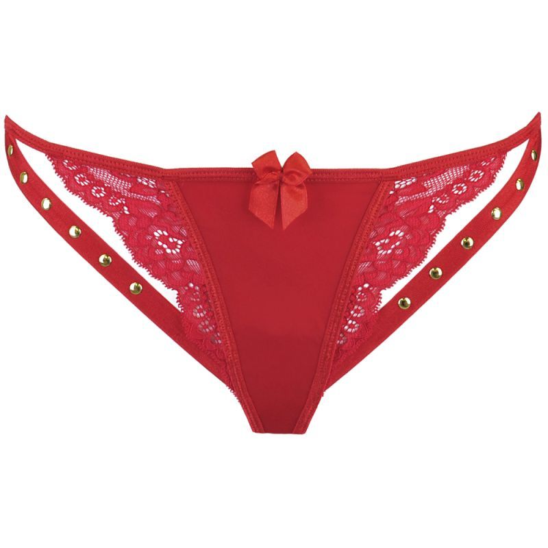 Microfiber and Lace G-String with Studs Red Small