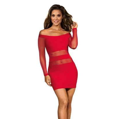 Off The Shoulder Mesh Panel Dress Red Small