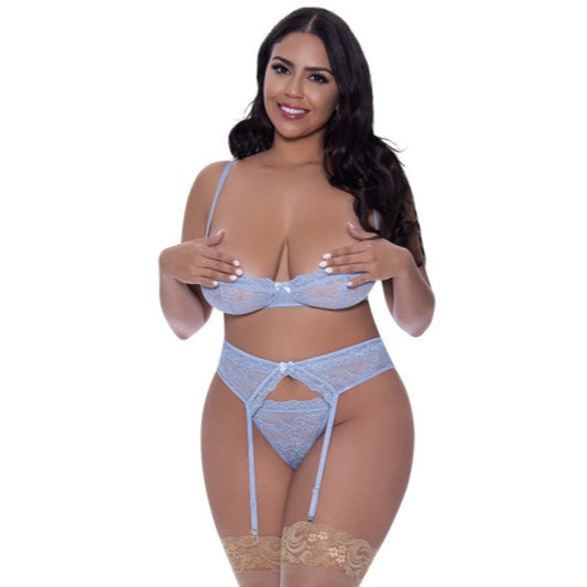 Demi Bra Garter and Thong Set Queen Blue